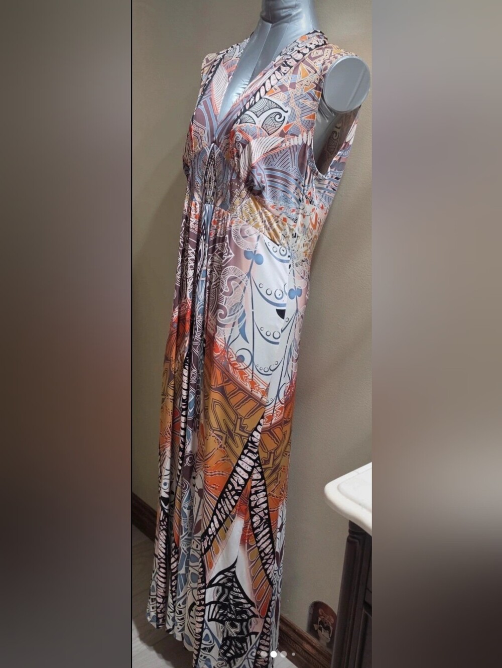 $60 New Boho Printed V-Neck Women’s Dress in Brown & Blue Sz L - Picture 7 of 11